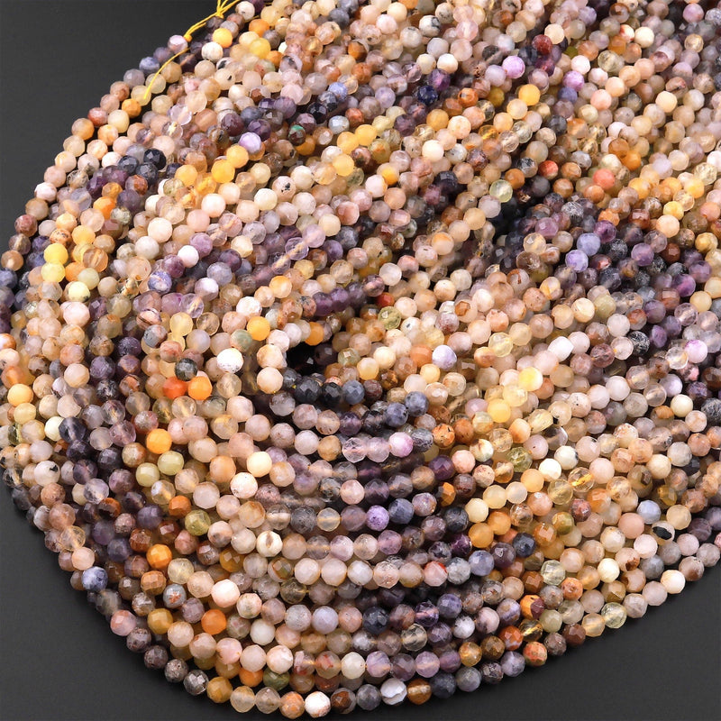 Micro Faceted Multicolor Mixed Gemstone Round Beads 4mm Fluorite Yellow Opal Citrine 15.5" Strand