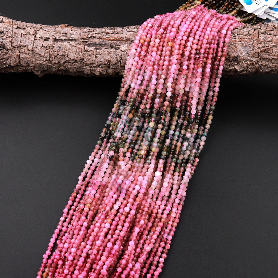 Micro Faceted Natural Multicolor Tourmaline Round Beads 3mm Pink Green Cognac 15.5" Strand