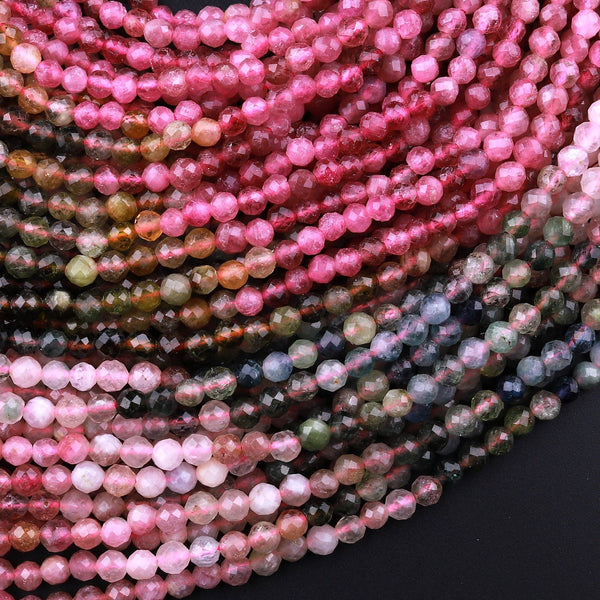 Micro Faceted Natural Multicolor Tourmaline Round Beads 3mm Pink Green Cognac 15.5" Strand