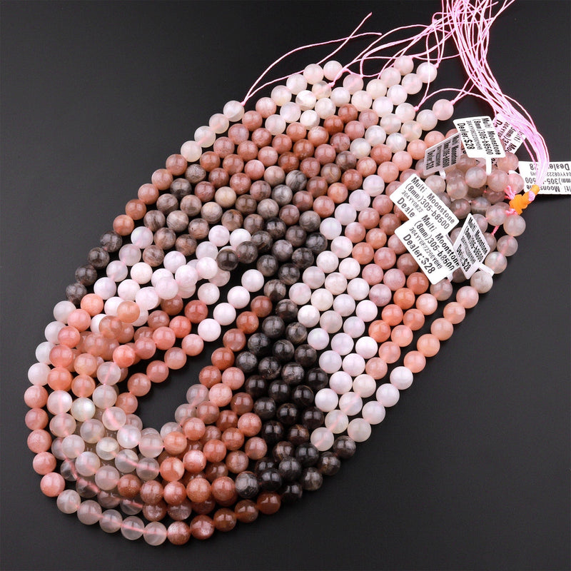 Natural Multicolor Peach White Siver Gray Moonstone 6mm 8mm 10mm Round Beads 15.5" Strand