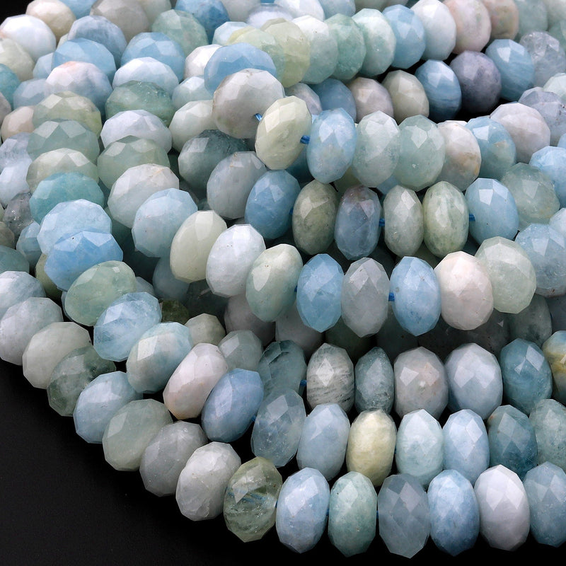 Large Natural Green Blue Aquamarine Faceted Rondelle Beads 8mm 10mm 15.5" Strand