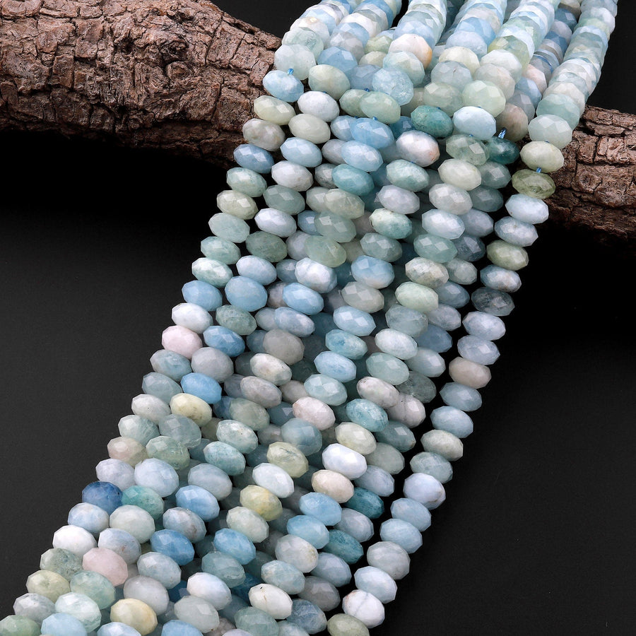 Large Natural Green Blue Aquamarine Faceted Rondelle Beads 8mm 10mm 15.5" Strand