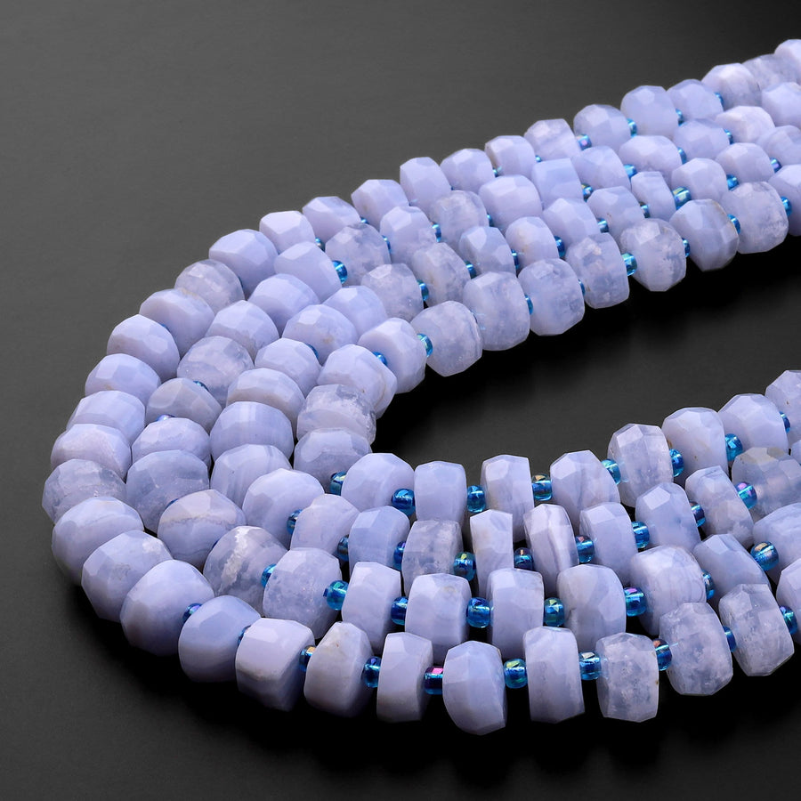 Faceted Natural Blue Lace Agate 10mm 12mm Rondelle Wheel Beads 15.5" Strand