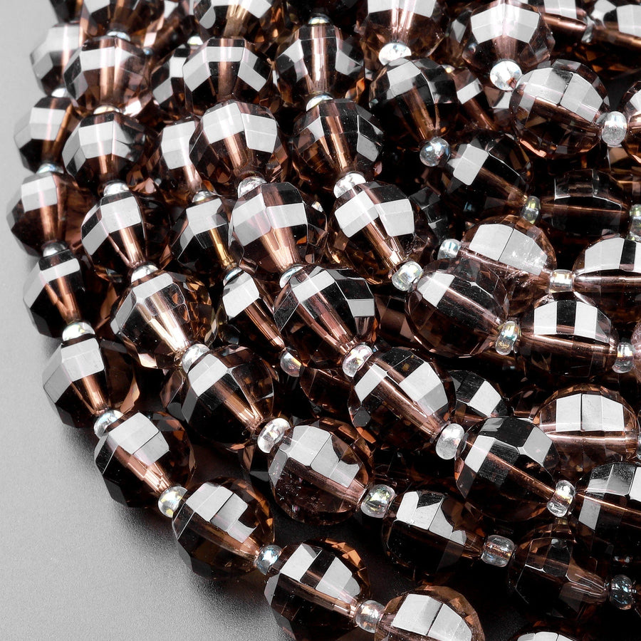 Geometric Lantern Faceted Natural Smoky Quartz 10mm Round Bead Sparkling Real Genuine Gemstone High Quality 15.5" Strand