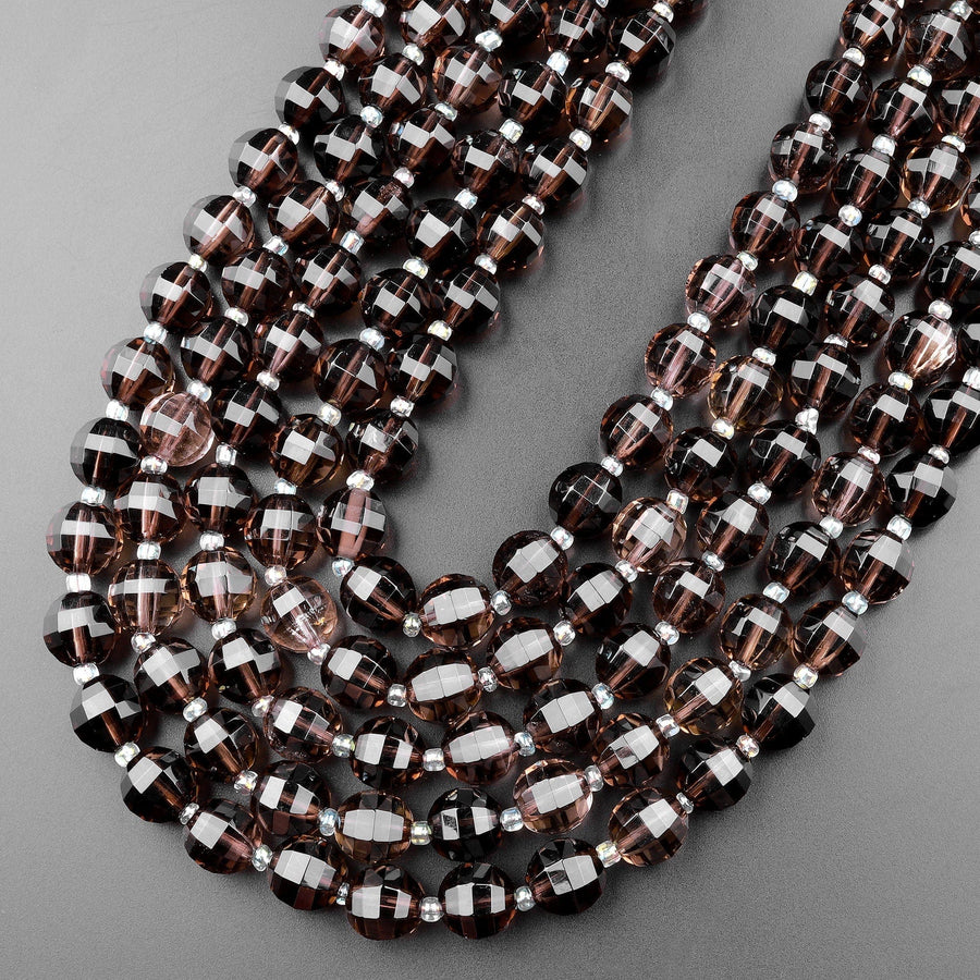 Geometric Lantern Faceted Natural Smoky Quartz 10mm Round Bead Sparkling Real Genuine Gemstone High Quality 15.5" Strand