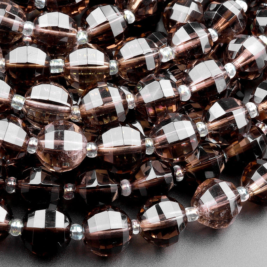 Geometric Lantern Faceted Natural Smoky Quartz 10mm Round Bead Sparkling Real Genuine Gemstone High Quality 15.5" Strand