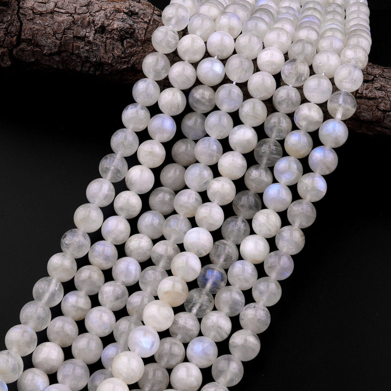 Natural Rainbow Moonstone 6mm 8mm 10mm 12mm Round Beads Blue Flashes 15.5" Strand
