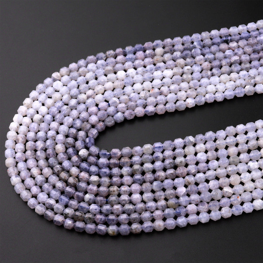 Natural Iolite 3mm 4mm Beads Rounded Faceted Energy Prism Double Terminated Points 15.5" Strand