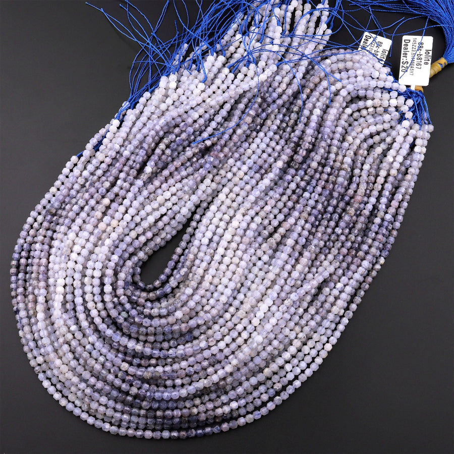 Natural Iolite 3mm 4mm Beads Rounded Faceted Energy Prism Double Terminated Points 15.5" Strand