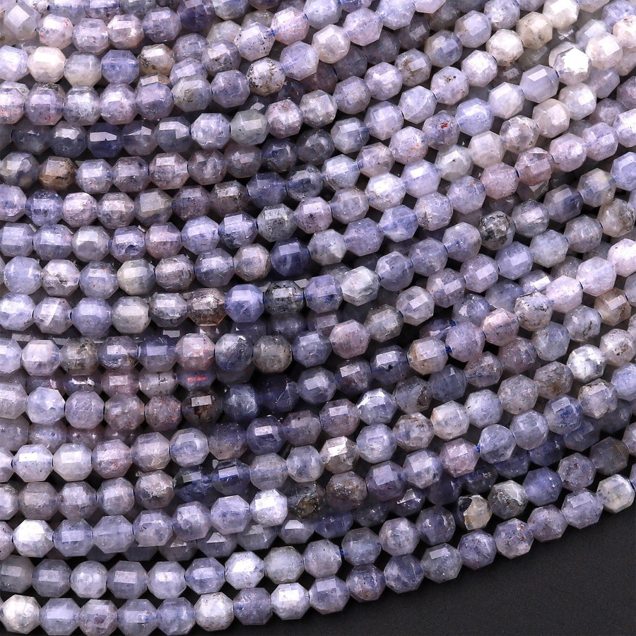 Natural Iolite 3mm 4mm Beads Rounded Faceted Energy Prism Double Terminated Points 15.5" Strand