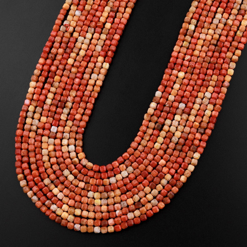AAA Faceted Natural Golden Orange Red Fossil Coral 2mm 3mm Cube Beads Multicolor Gemstone 15.5" Strand
