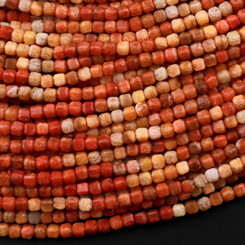 AAA Faceted Natural Golden Orange Red Fossil Coral 2mm 3mm Cube Beads Multicolor Gemstone 15.5" Strand