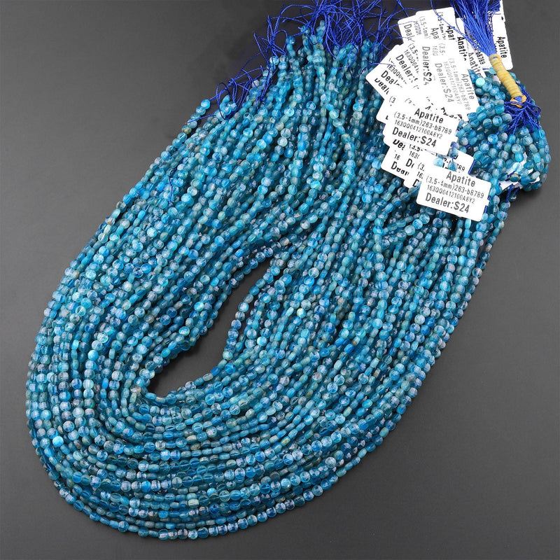Natural Blue Apatite Faceted Coin 3mm 4mm Beads Laser Diamond Cut Gemstone 15.5" Strand