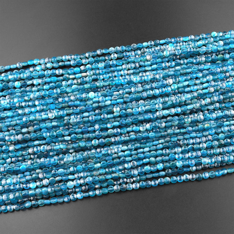 Natural Blue Apatite Faceted Coin 3mm 4mm Beads Laser Diamond Cut Gemstone 15.5" Strand