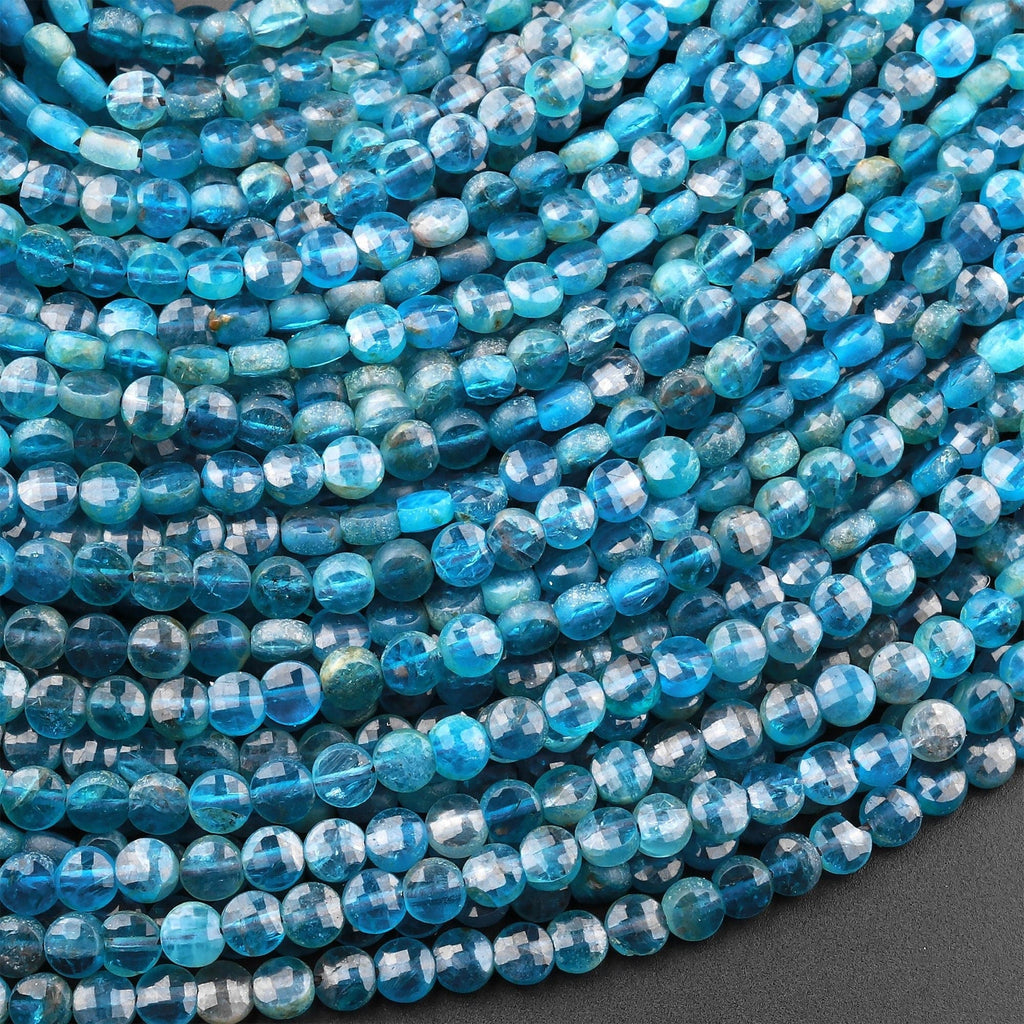 Natural Blue Apatite Faceted Coin 3mm 4mm Beads Laser Diamond Cut Gemstone 15.5" Strand