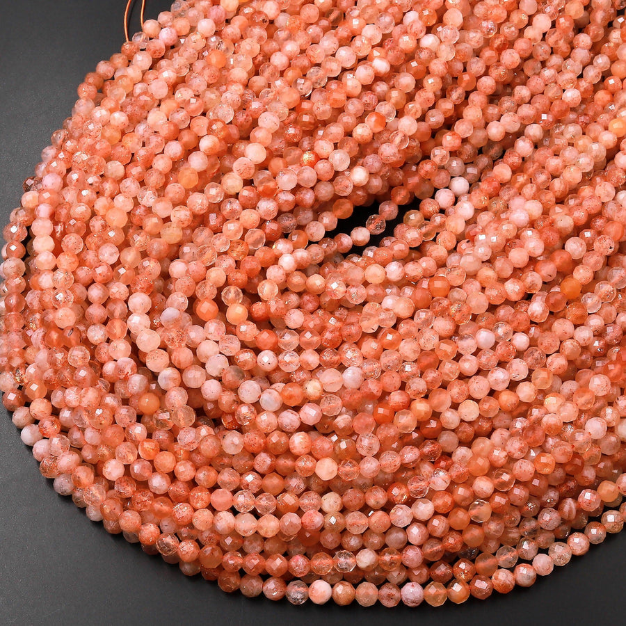 Faceted Natural Sunstone 4mm 5mm Round Beads Sparkling Micro Diamond Cut Gemstone 15.5" Strand
