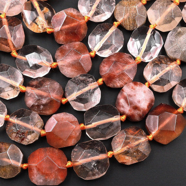 Natural Phantom Lodolite Quartz Faceted Octagon Square Cushion Beads Golden Red Crystal Quartz Rutile 15.5" Strand