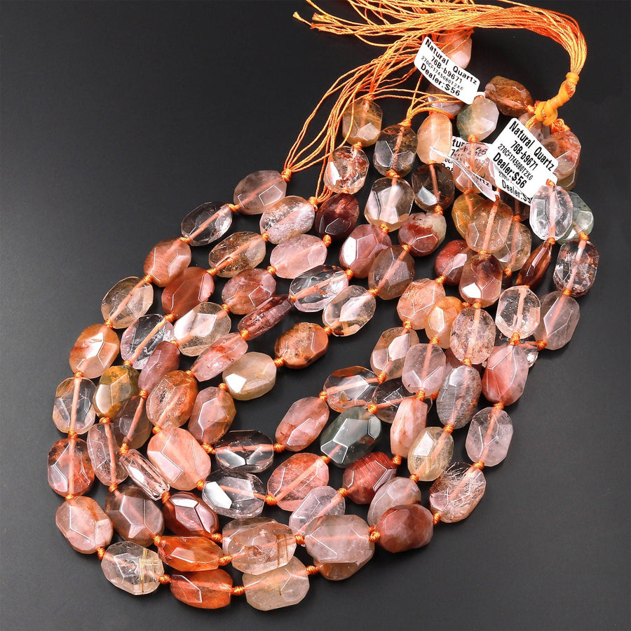 Natural Phantom Lodolite Quartz Faceted Octagon Rectangle Cushion Beads Golden Red Crystal Quartz Rutile 15.5" Strand