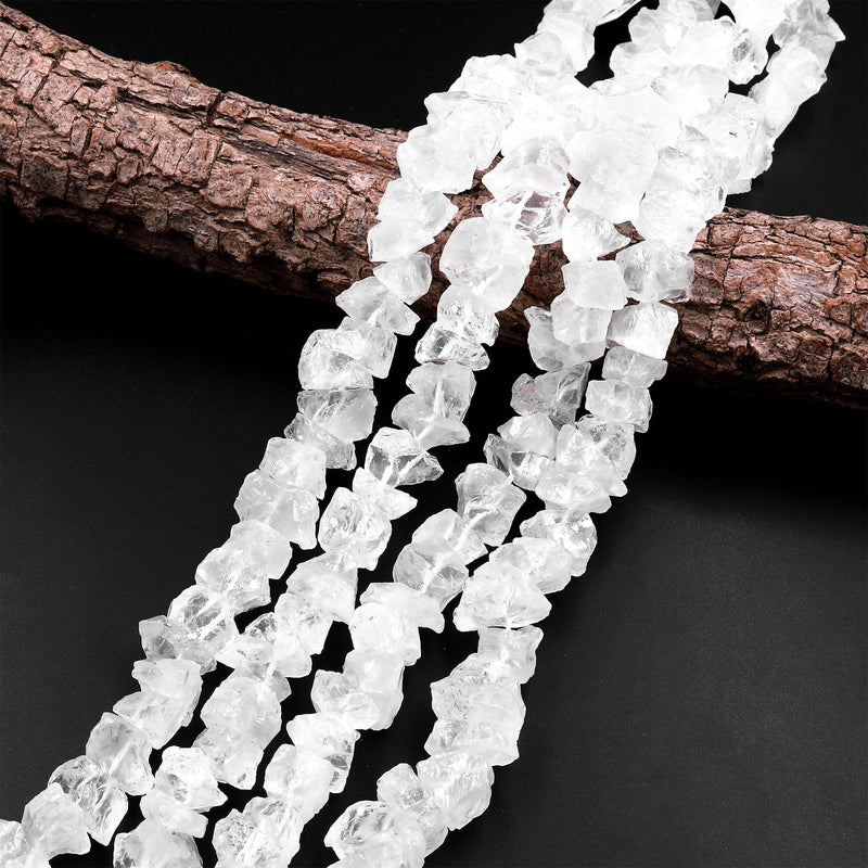 Natural Rock Crystal Quartz Freeform Nugget Beads Hand Hammered Raw Organic Gemstone 15.5" Strand