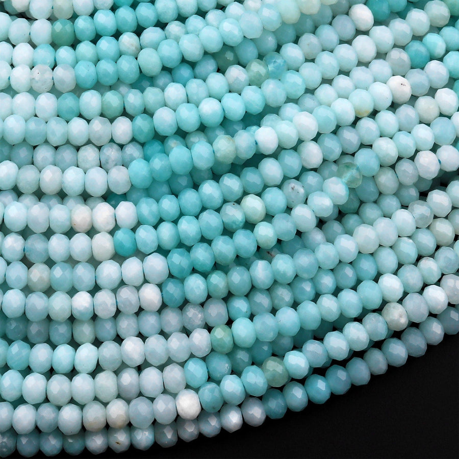 Natural Amazonite 4mm Faceted Rondelle Beads Multi Shaded Blue Gemstone Micro Diamond Cut 15.5" Strand