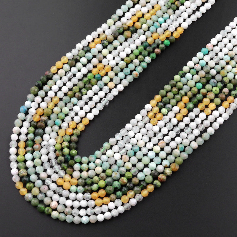 Micro Faceted Multicolor Mixed Gemstone Round Beads 3mm Yellow Jade Amazonite Green Jade 15.5" Strand