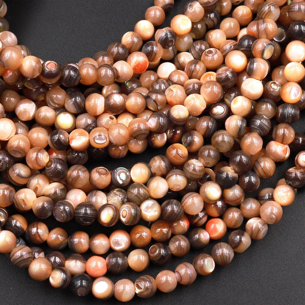 Natural Orange Abalone 4mm Round Beads Iridescent Rainbow Glow 15.5" Strand