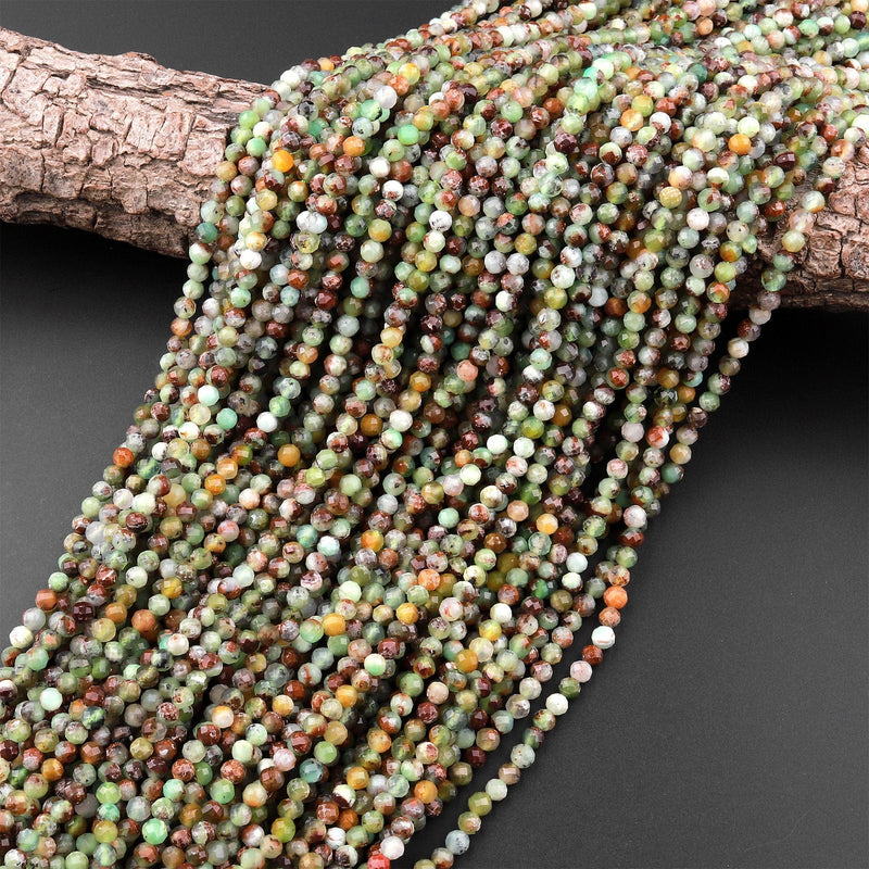 Micro Faceted Natural Brown Green Chrysoprase Faceted Round 3mm 4mm Beads Diamond Cut Gemstone Beads 15.5" Strand