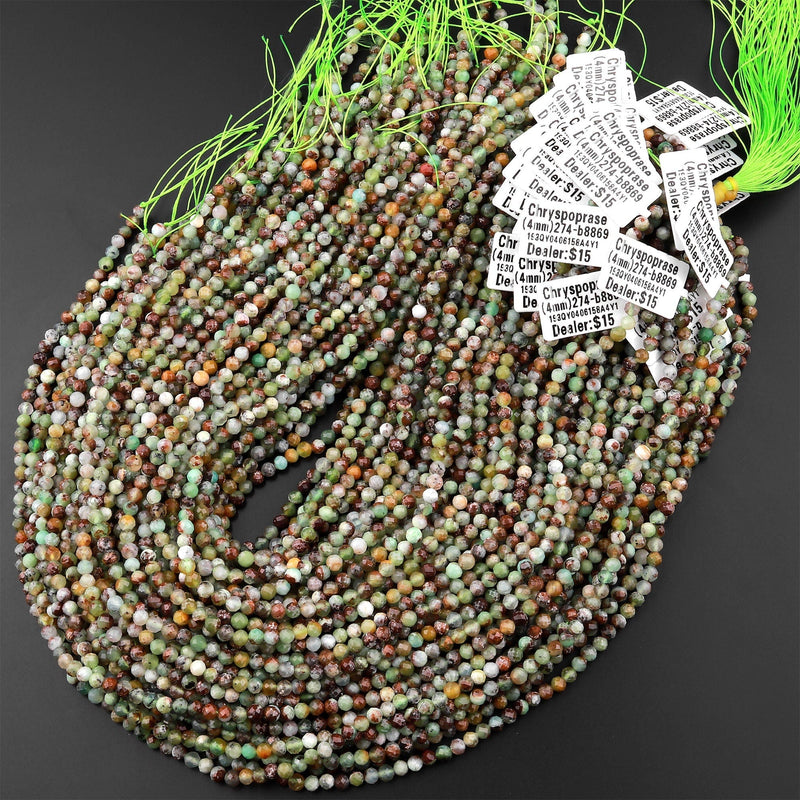 Micro Faceted Natural Brown Green Chrysoprase Faceted Round 3mm 4mm Beads Diamond Cut Gemstone Beads 15.5" Strand