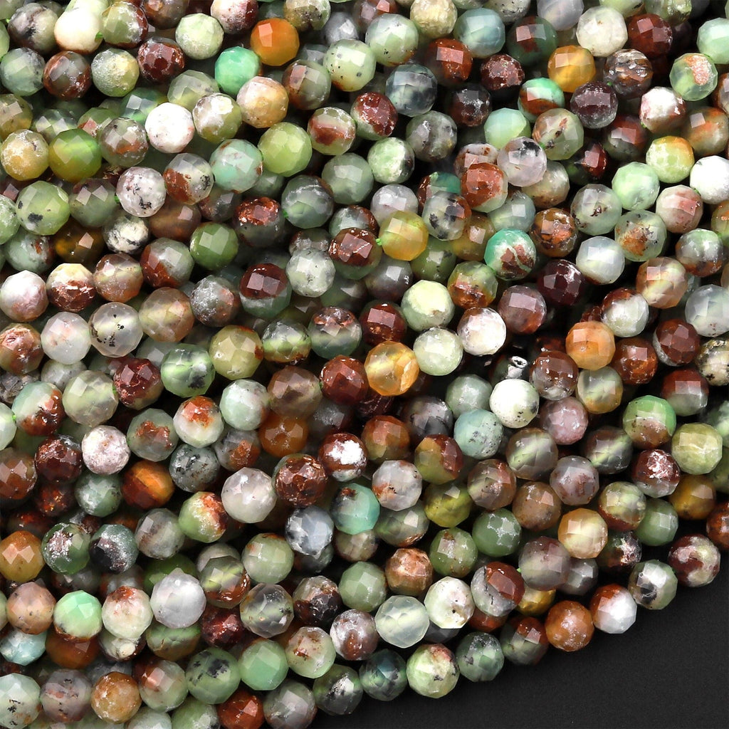 Micro Faceted Natural Brown Green Chrysoprase Faceted Round 3mm 4mm Beads Diamond Cut Gemstone Beads 15.5" Strand
