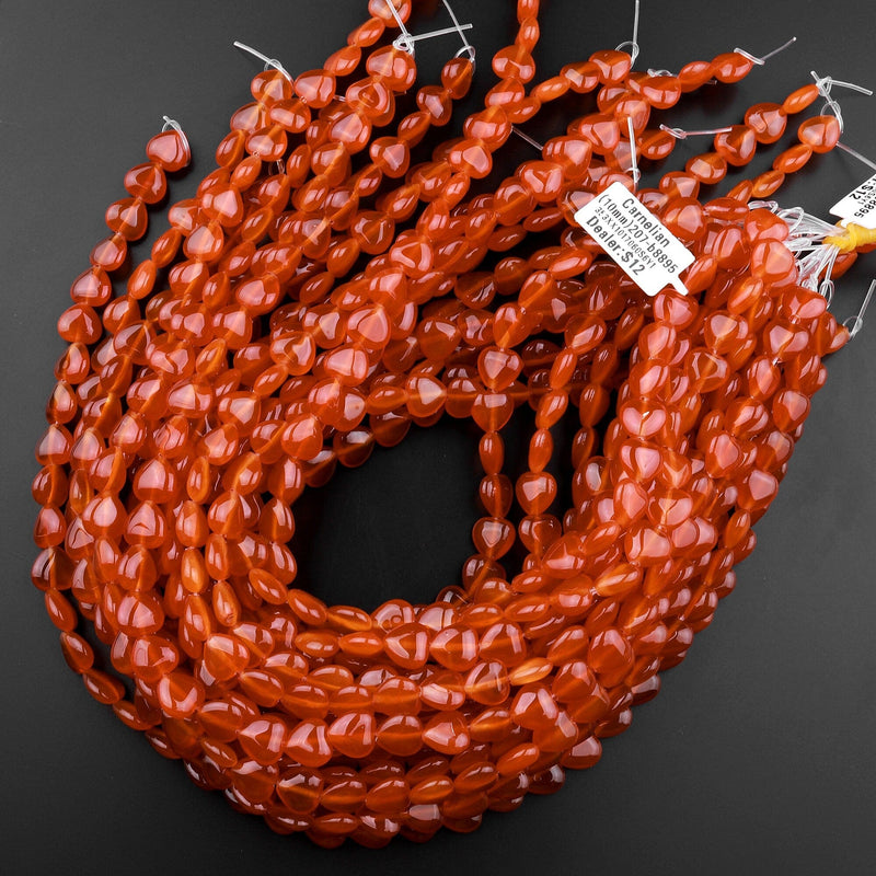 Natural Carnelian Heart Shaped Beads Highly Polished Red Orange Gemstone 15.5" Strand