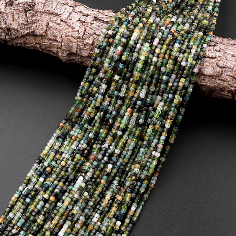 Gemmy Natural Green Tourmaline Faceted 2mm Cube Square Dice Beads Gemstone 15.5" Strand