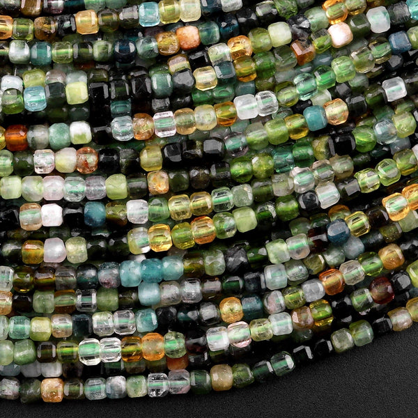 Gemmy Natural Green Tourmaline Faceted 2mm Cube Square Dice Beads Gemstone 15.5" Strand