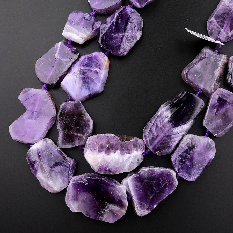 Large Natural Purple Amethyst Freeform Slice Beads Raw Rough Slab Center Drilled Gemstone 15.5" Strand
