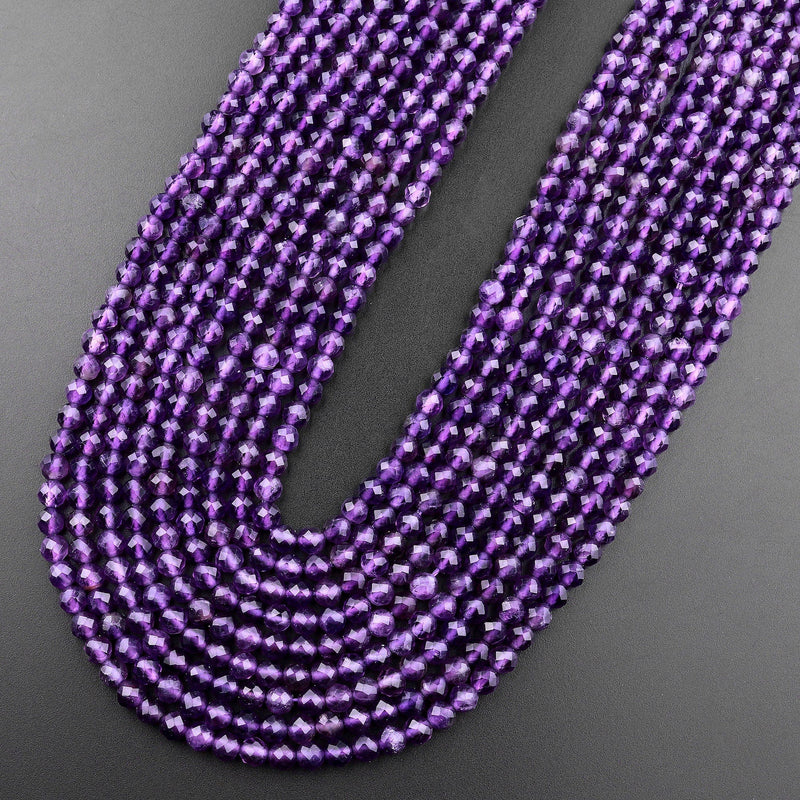 Faceted Natural Purple Amethyst Round Beads 4mm Miro Cut Gemstone 15.5" Strand