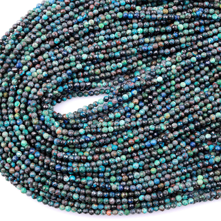 Faceted Natural Chrysocolla Azurite 3mm Round Beads Laser Diamond Cut Blue Green Gemstone 15.5" Strand