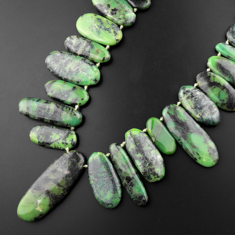 Large Natural African Green Chrysoprase Long Oval Focal Pendant Beads Stunning Deep Forest Green Gemstone 15.5" Strand
