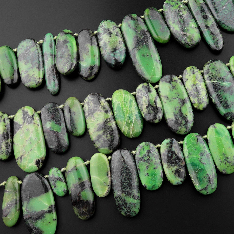 Large Natural African Green Chrysoprase Long Oval Focal Pendant Beads Stunning Deep Forest Green Gemstone 15.5" Strand