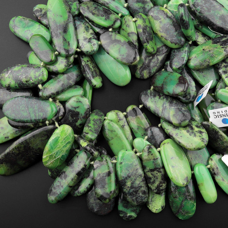 Large Natural African Green Chrysoprase Long Oval Focal Pendant Beads Stunning Deep Forest Green Gemstone 15.5" Strand