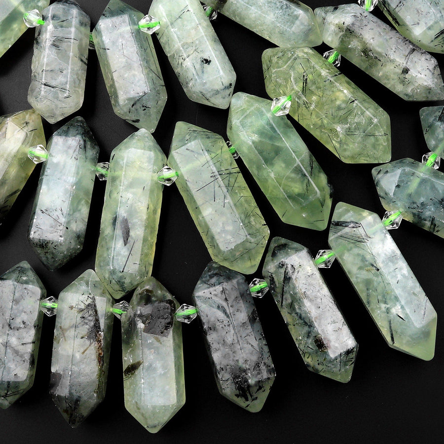 Natural Green Prehnite Beads Double Terminated Point Top Side Drilled Focal Pendants 15.5" Strand