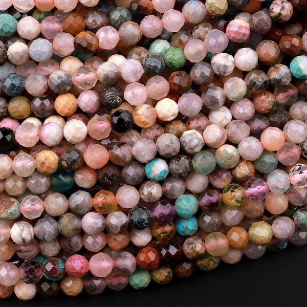 Micro Faceted Multicolor Gemstone Round Beads 4mm Moonstone Sunstone Garnet Amazonite Amethyst Laser Diamond Cut Gemstone 15.5" Strand