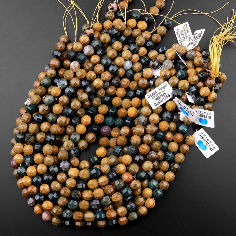 Natural Ocean Jasper Faceted Lantern Beads Large Rounded 10mm 15.5" Strand