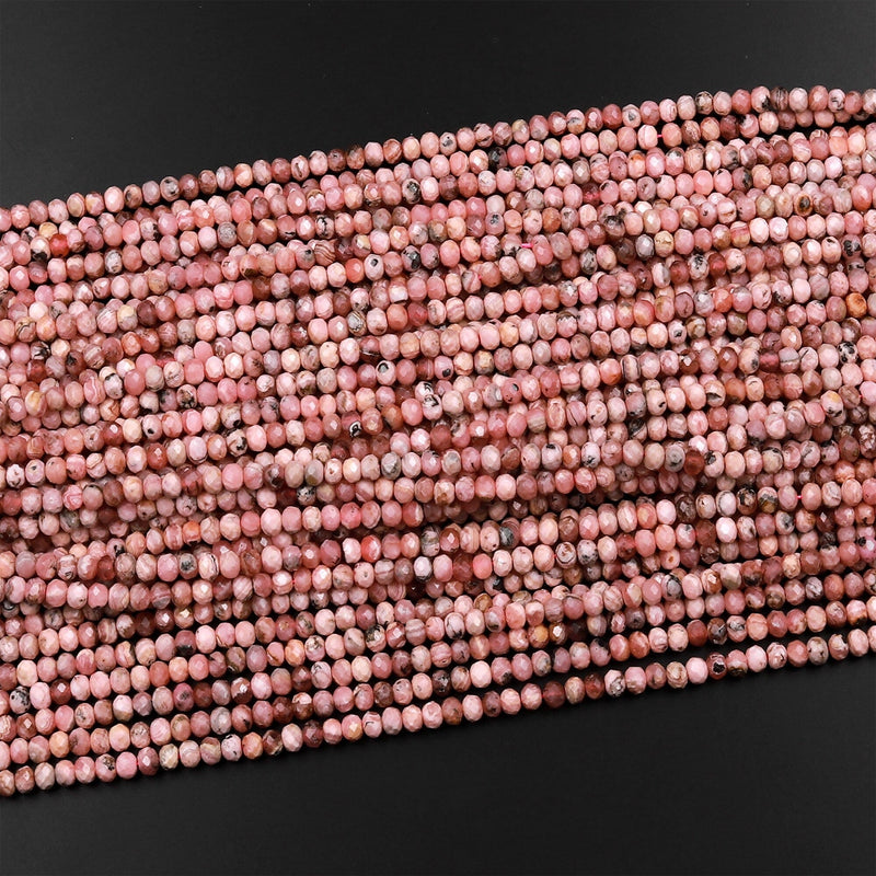 Natural Pink Red Rhodochrosite 4mm Faceted Rondelle Beads Micro Diamond Cut Gemstone 15.5" Strand