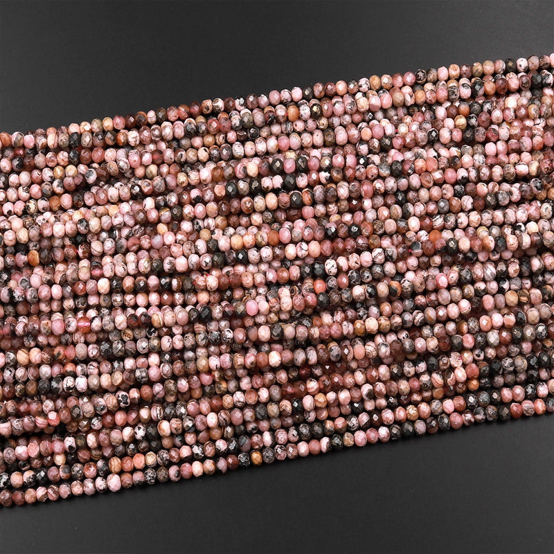 Natural Rhodochrosite 4mm Faceted Rondelle Beads Black Iron Matrix  Micro Diamond Cut Gemstone 15.5" Strand