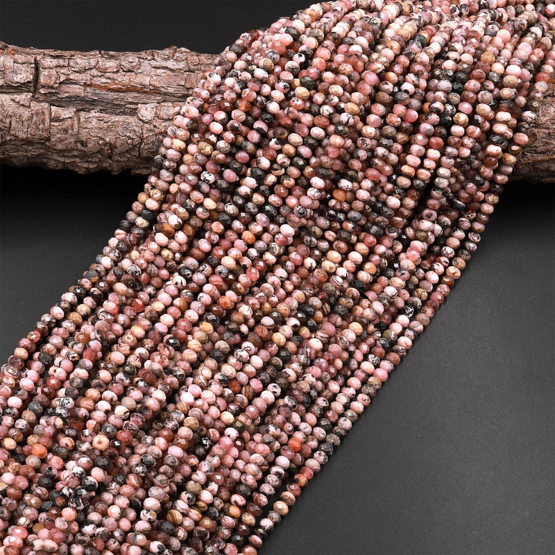 Natural Rhodochrosite 4mm Faceted Rondelle Beads Black Iron Matrix  Micro Diamond Cut Gemstone 15.5" Strand
