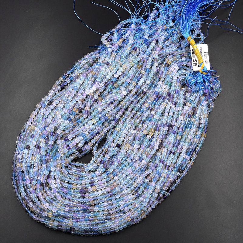 AAA Natural Multicolor Rainbow Fluorite Faceted 3mm 4mm Round Beads Purple Blue Green Shaded 15.5" Strand