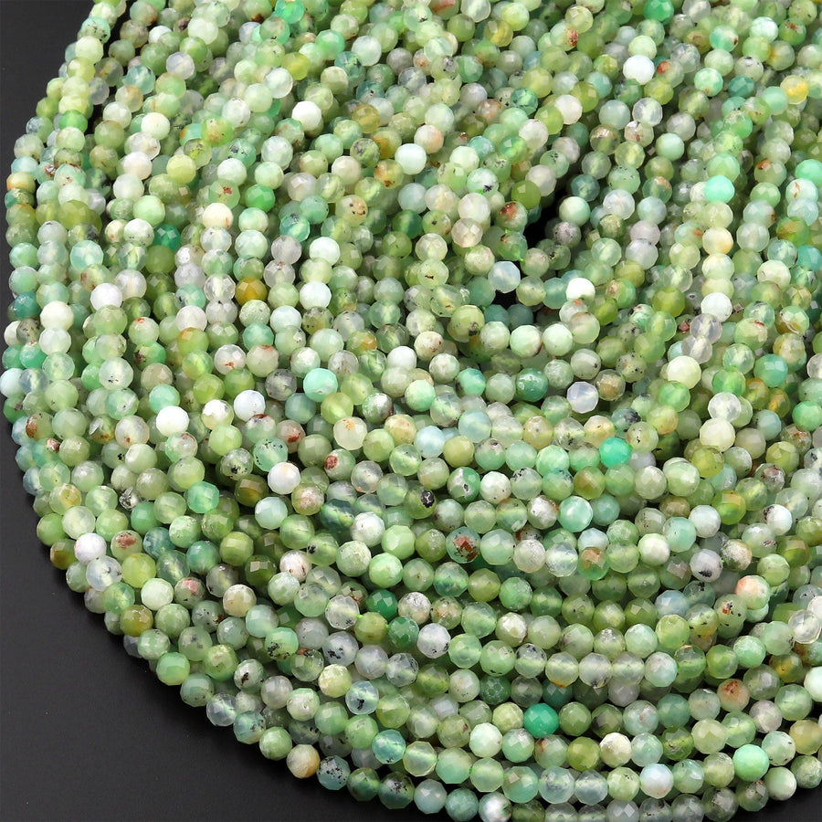 Micro Faceted Natural Soft Green Chrysoprase Faceted Round 4mm Beads Diamond Cut Gemstone Beads 15.5" Strand