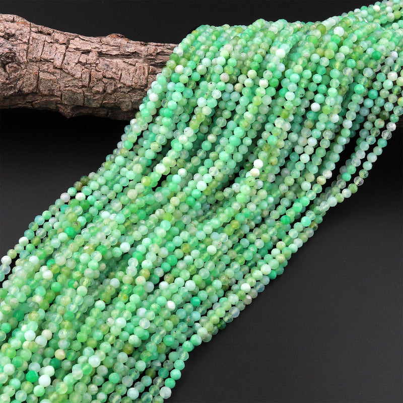 Micro Faceted Natural Green Chrysoprase Round 4mm Beads Diamond Cut Gemstone Beads 15.5" Strand