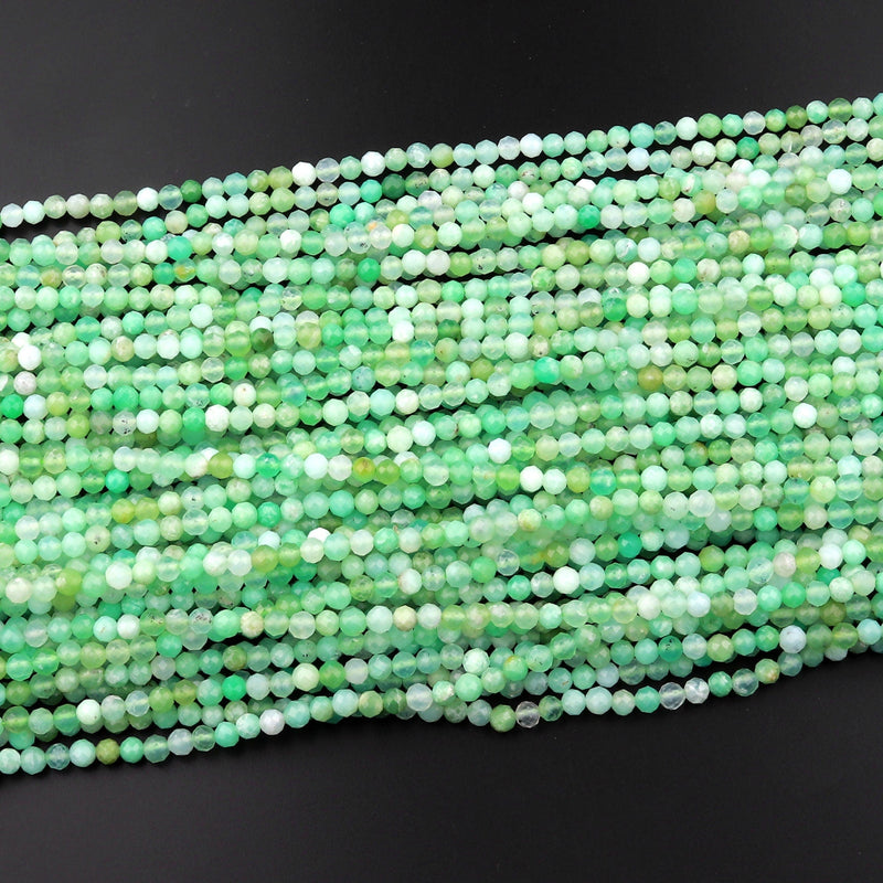 Micro Faceted Natural Green Chrysoprase Round 4mm Beads Diamond Cut Gemstone Beads 15.5" Strand