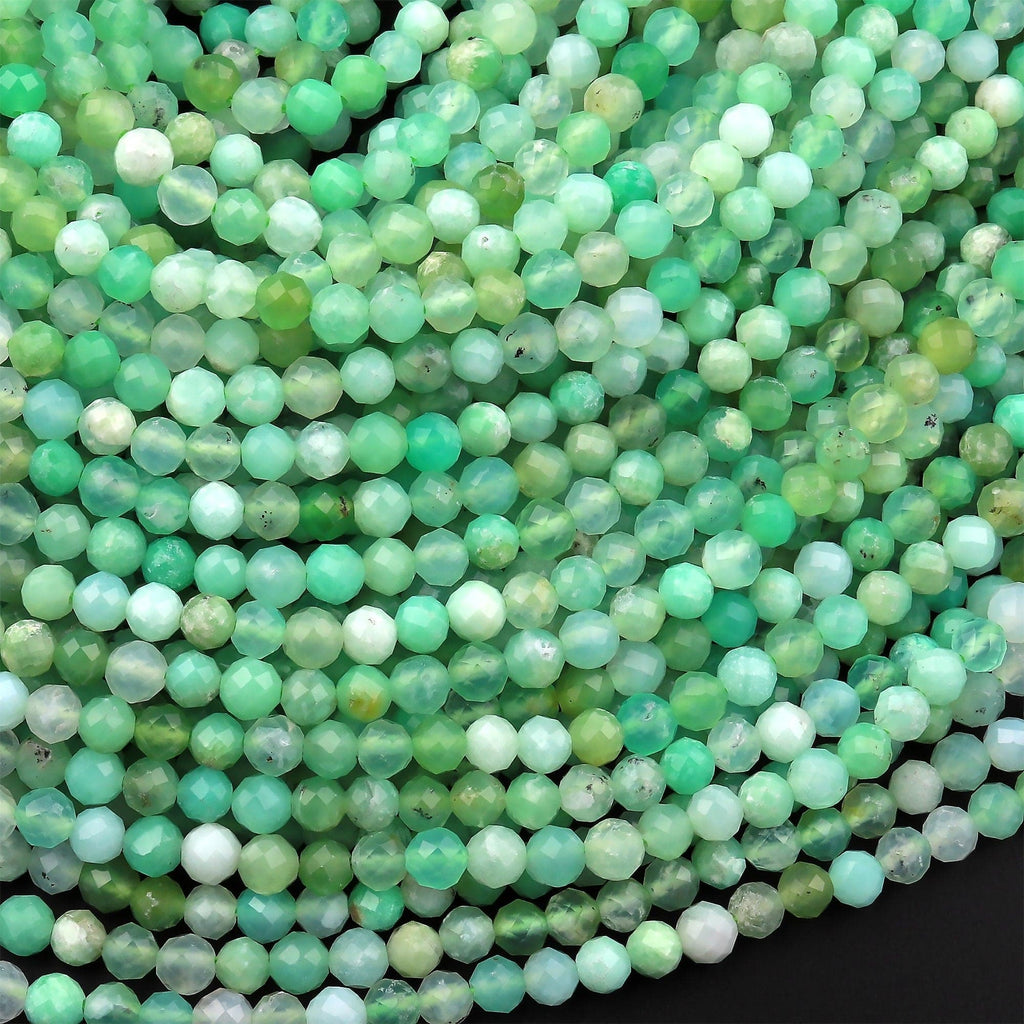 Micro Faceted Natural Green Chrysoprase Round 4mm Beads Diamond Cut Gemstone Beads 15.5" Strand