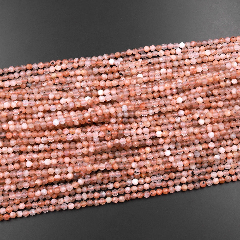 Faceted Natural Peach Sunstone Round Beads 4mm Sparkling Micro Diamond Cut Gemstone 15.5" Strand